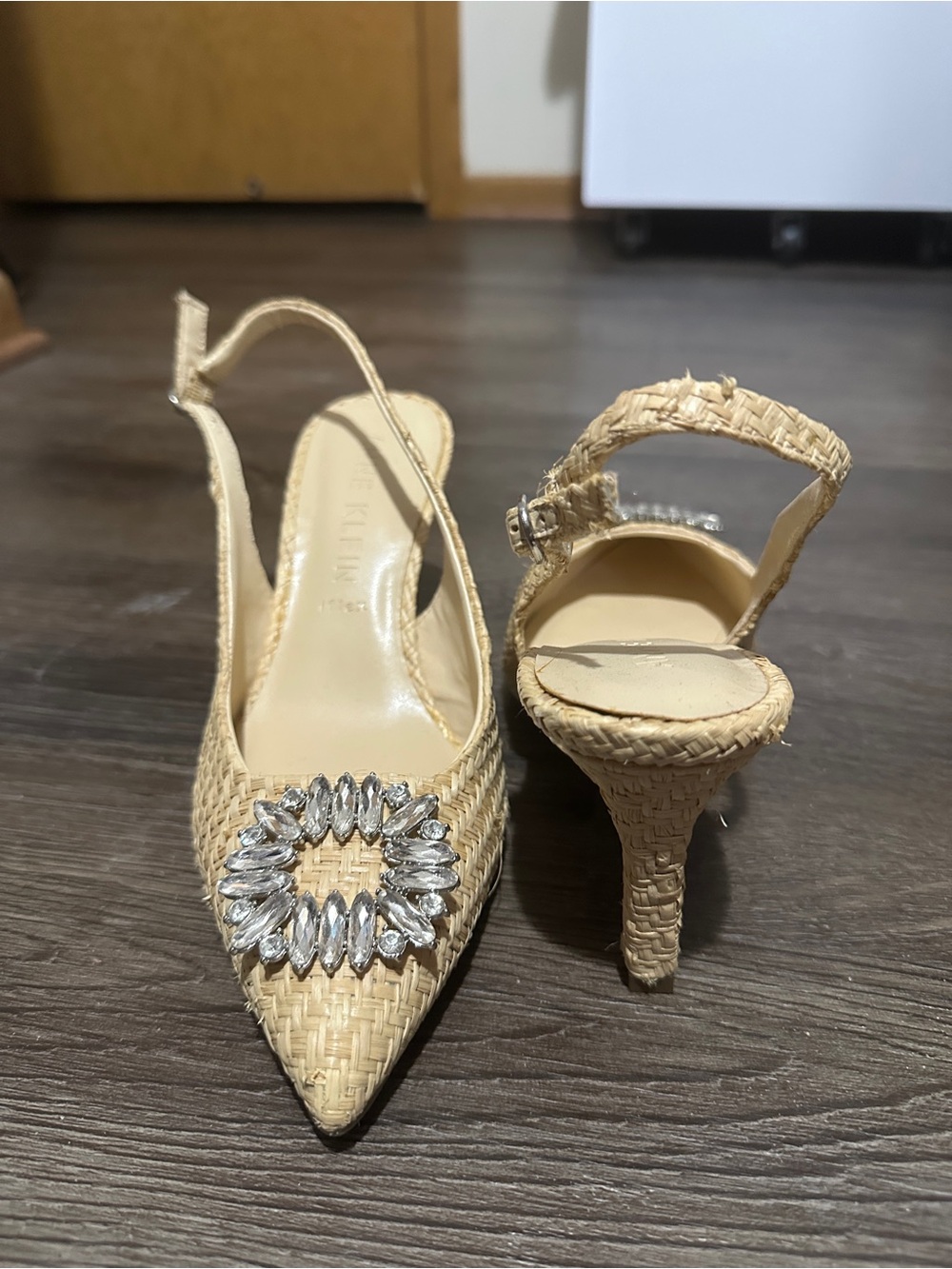 Anne Klein Natural Woven Slingback Mules with Crystal Medallion - Picture 2 of 3
